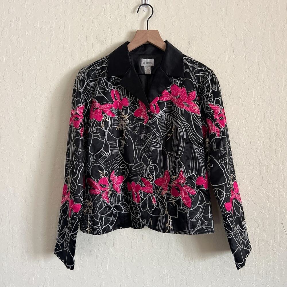 Vintage Chicos Silk Cotton Floral Embroidered Button Front Jacket Medium 1 Black